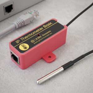IP Thermometer Basic by RME Sensors – compact red LAN temperature sensor with Ethernet port and stainless steel probe
