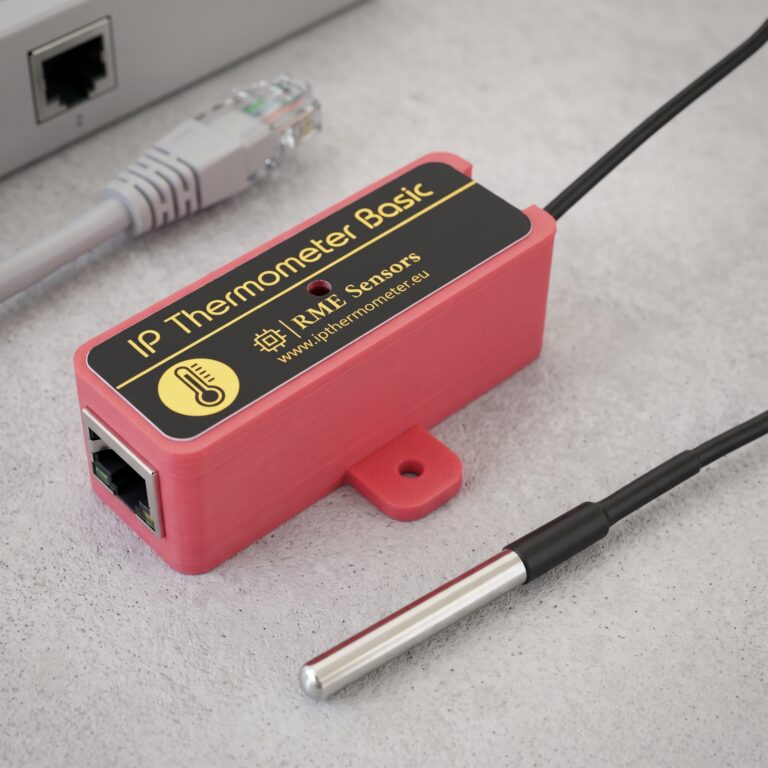 IP Thermometer Basic: a compact red Ethernet temperature sensor with a stainless-steel probe